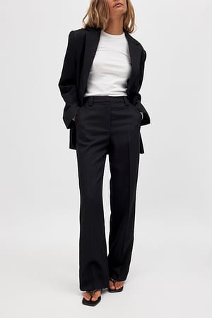 Black Straight Mid Waist Twill Suit Pants