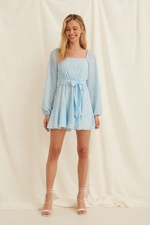 Dusty Blue Floral Print Recycled Overlapped Frill Mini Dress