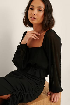 Black Kort Bluse Med Ballonærme