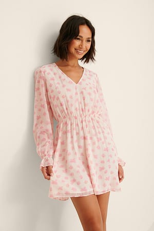 Pink Print Long Sleeve V-Neck Dress