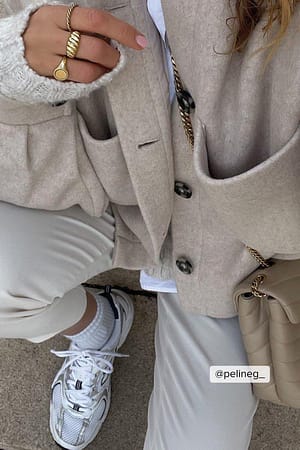 Beige Wollmischung Übergroße Kurze Jacke