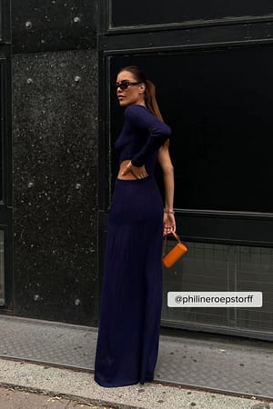 Dark Blue Rib Knitted Cut Out Long Dress