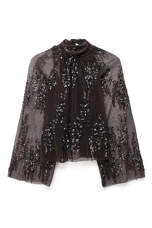 Brown Top met geplooid mesh en lovertjes