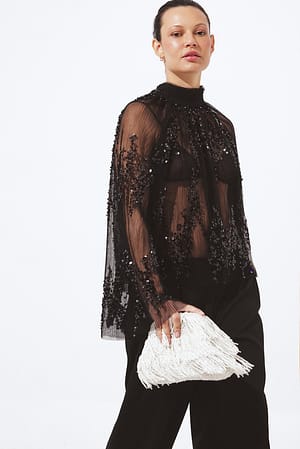 Black Plissiertes Mesh-Pailletten-Top