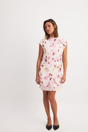 Light Pink Print Plisseret minikjole