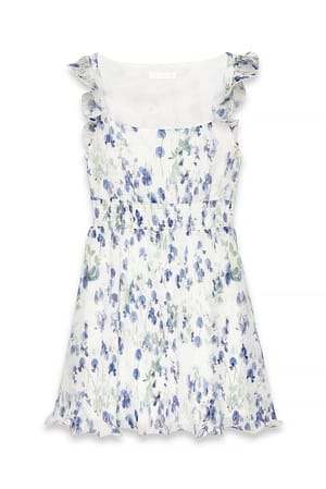Blue Flower Print Plissiertes Minikleid