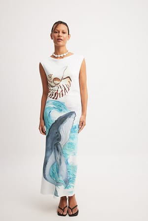 Blue Wave Print Printed Jersey Maxi Dress