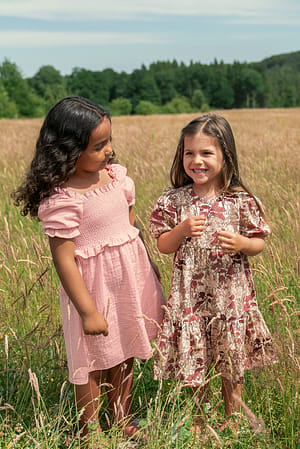 Nude Pink Floral Puff Sleeve Organic Dress