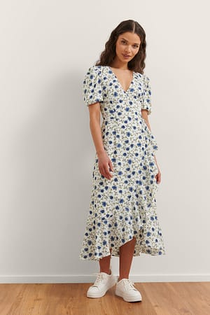 Blue Flower Print Overlap Flounce Midi Dress