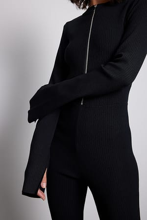 Black Rippenstrick Jumpsuit