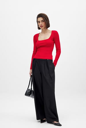 Red Ribbed Knitted Square Neck Top
