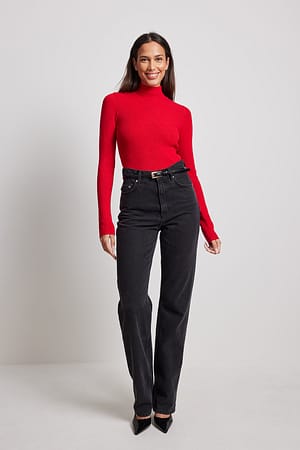 Red Ribbed Polo Knitted Sweater