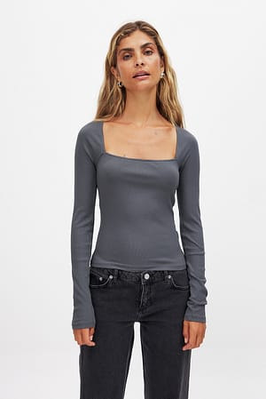 Dark Grey Ribbed Square Neck Detail Top