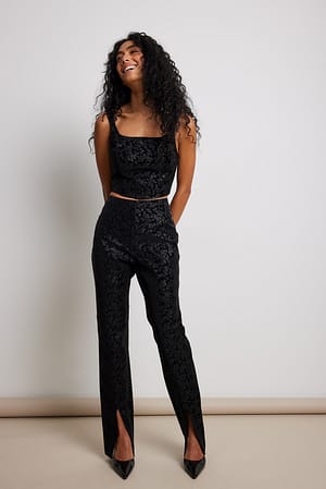 Black Front Slit Paisley Embossed PU Pants