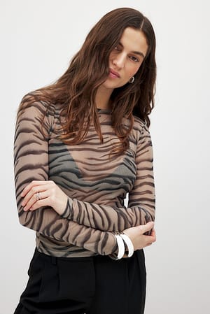Beige Animal Print tailliertes Mesh-Top mit rundem Halsausschnitt