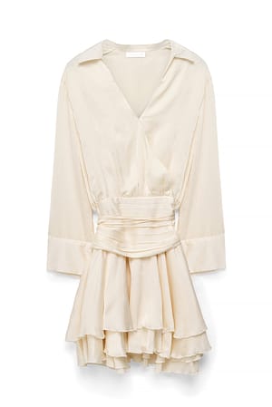 Cream Ruched Waist Mini Shirt Dress