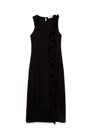 Black Ruffle Detail Fringe Midi Dress