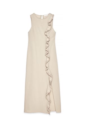 Beige Ruffle Detail Fringe Midi Dress