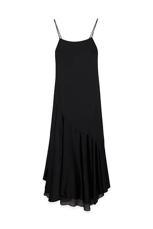 Black Satin Asymmetric Tier Slip Dress