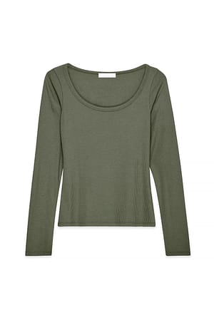 Khaki Haut côtelé à encolure ronde