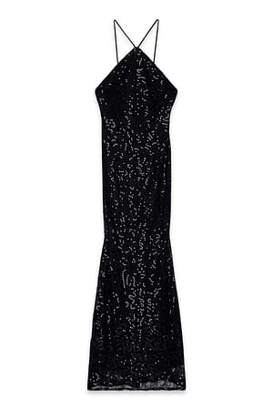 Black Sequin Lace Halterneck Maxi Dress