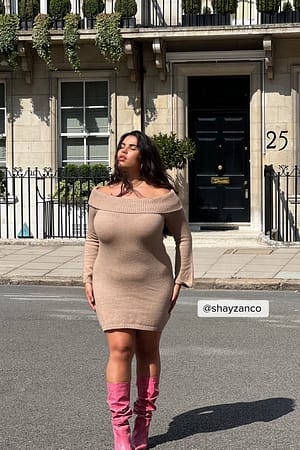 Light Brown Folded Off Shoulder Knitted Dress