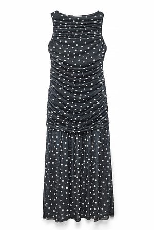 Black/White dots Sleeveless Draped Midi Dress