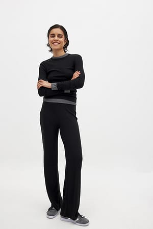 Black Zachte geribde wijde broek