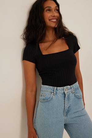 Black Square Neck Short Sleeve Top