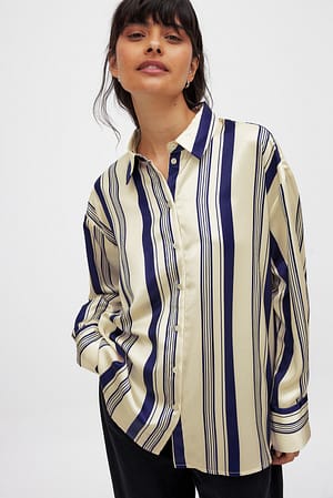 Cream/Navy Stripes Gestreept satijnen overhemd
