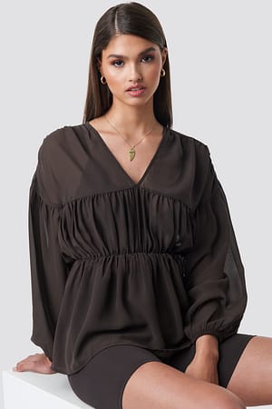 Dark Brown V-neck Draped Chiffon Blouse