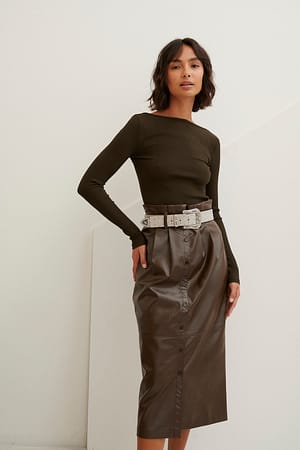 Brown Jupe Mi-Longue Paperbag En Faux Cuir