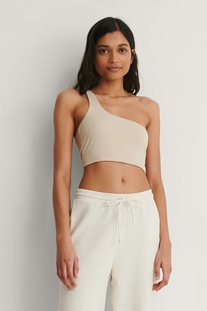Beige Oneshoulder Crop Top