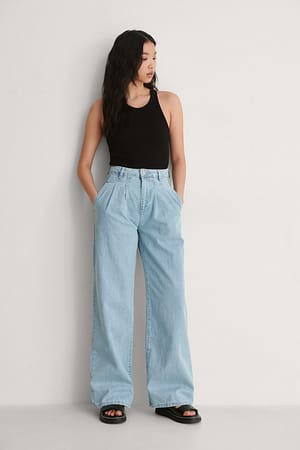 Blue Plisserte Jeans Med Høyt Liv