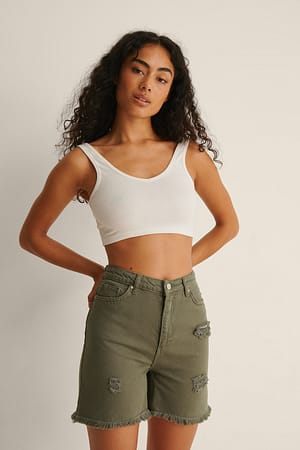 Khaki Hullede Denimshorts