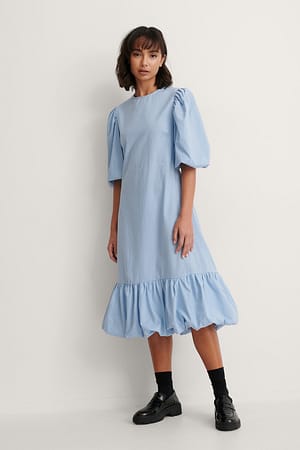 Blue Back Detail Volume Sleeve Dress