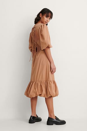 Brown Back Detail Volume Sleeve Dress