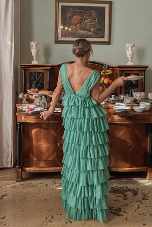 Green Tulle Ruffle Maxi Dress