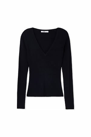 Black Ribbed Knitted V-Neck Top