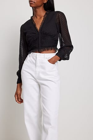 Black Dobby blouse met een v-hals
