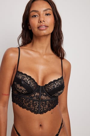Black Bustier de encaje y raso en forma de V