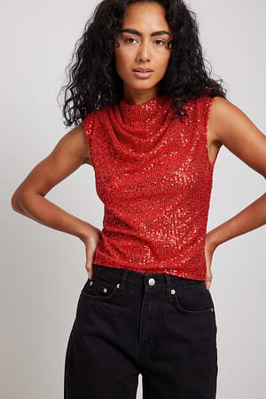 Red Wasserfall-Glitzertop mit Schulterpolstern