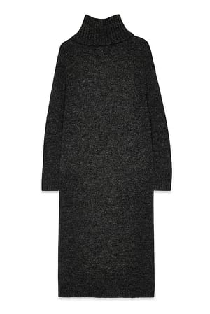 Dark Grey Melange Wool Blend Knitted Midi Dress
