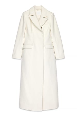 White Wool Blend Marked Waist Maxi Coat