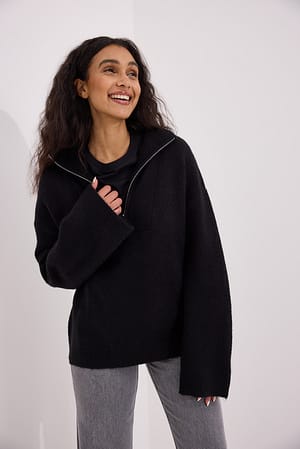 Black Strickpullover mit Reißverschluss aus Wolle