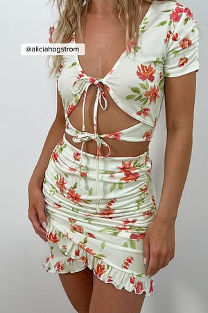 Flower Print Slå-om miniskørt med flæser