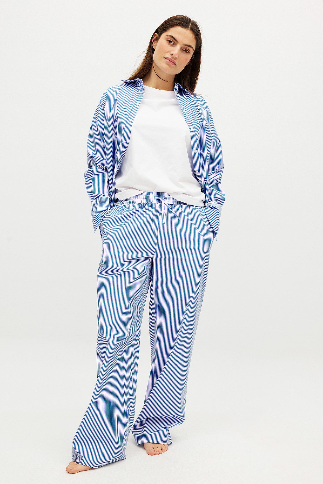 Blue Stripe Katoenen wijde broek met elastische taille
