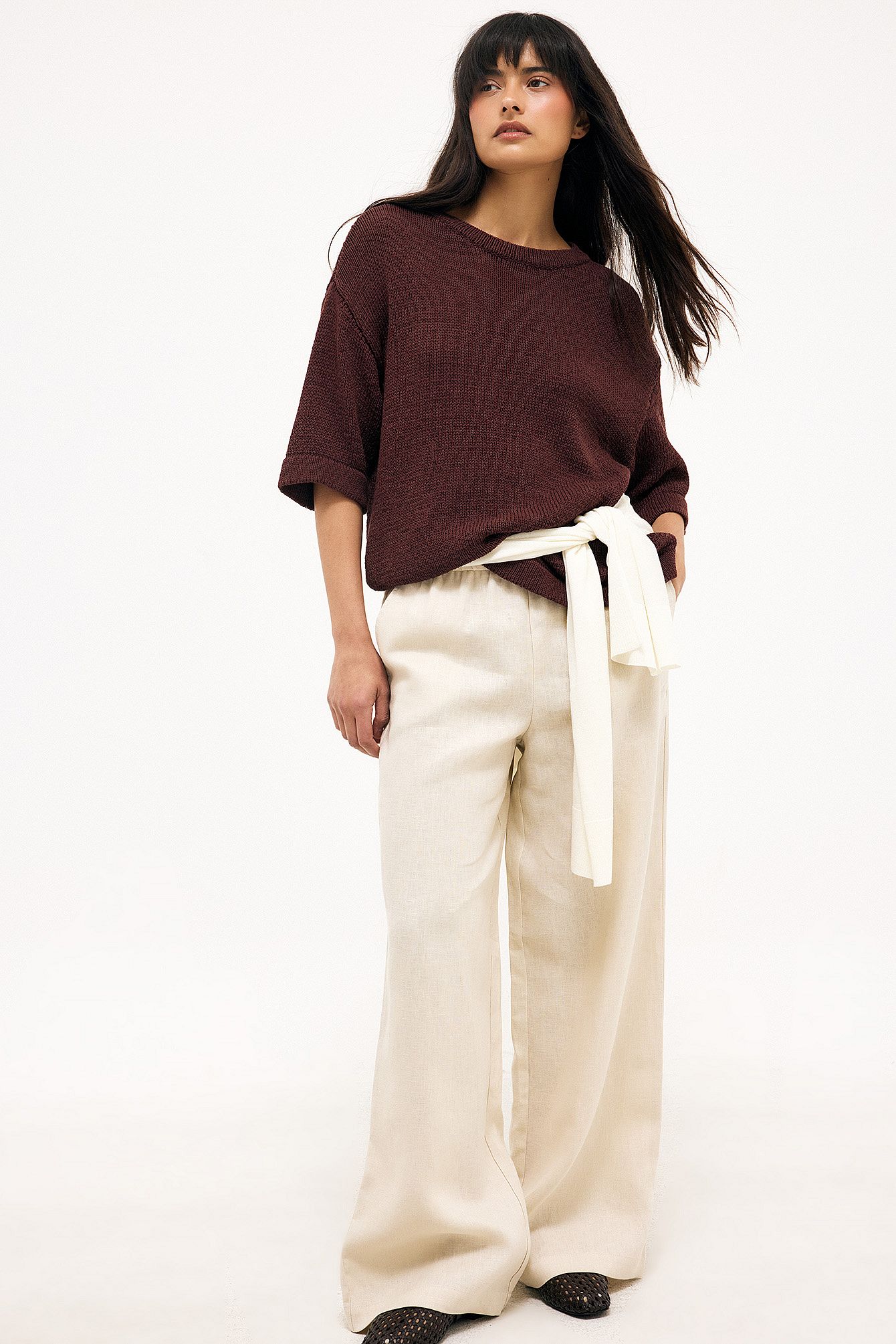 Beige Pantalon de lin à cordon de serrage