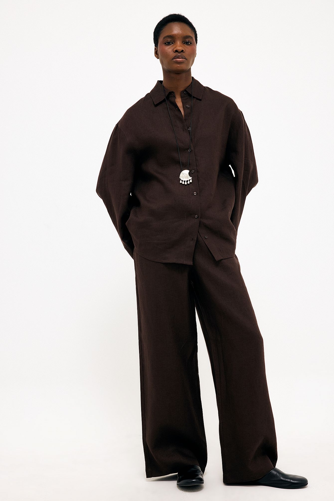 Brown Pantalon de lin à cordon de serrage