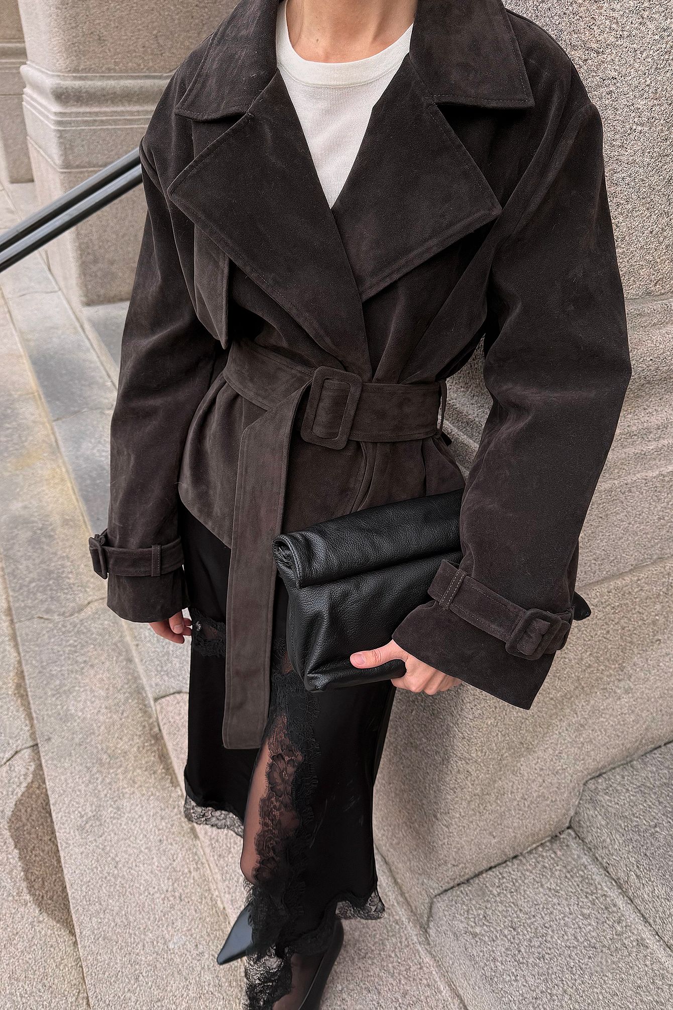 Dark Brown Kort trenchcoat i fuskmocka